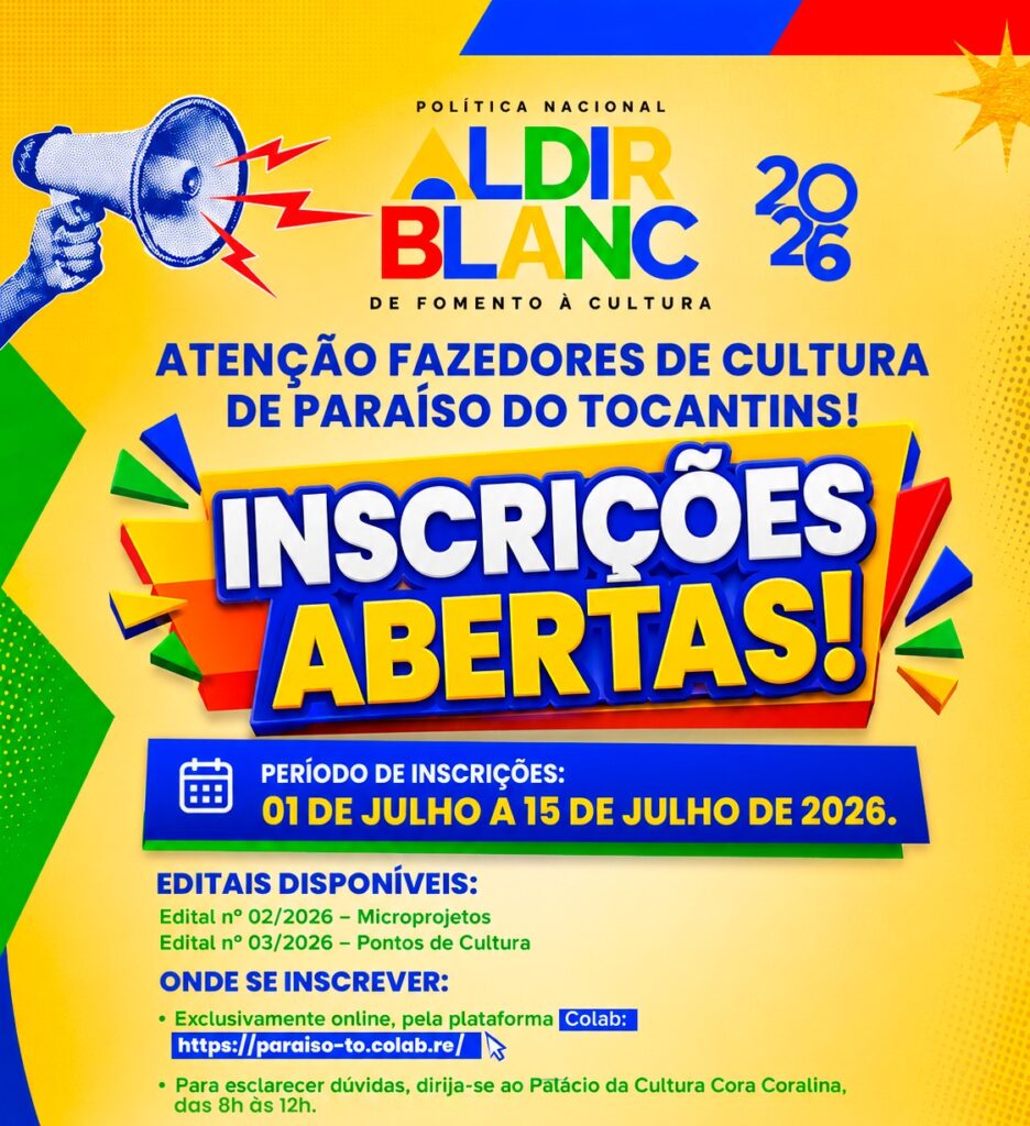 Paraíso lança editais culturais com investimento superior a R$ 268 mil da Política Nacional Aldir Blanc